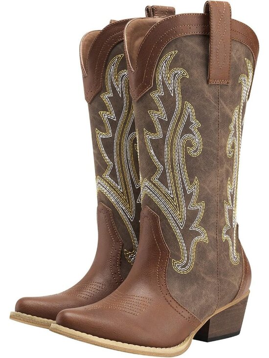 Shoes - Women's Mosaic Brown Leather Pointed Toe Stitched Embroidery Western Cowboy Boot